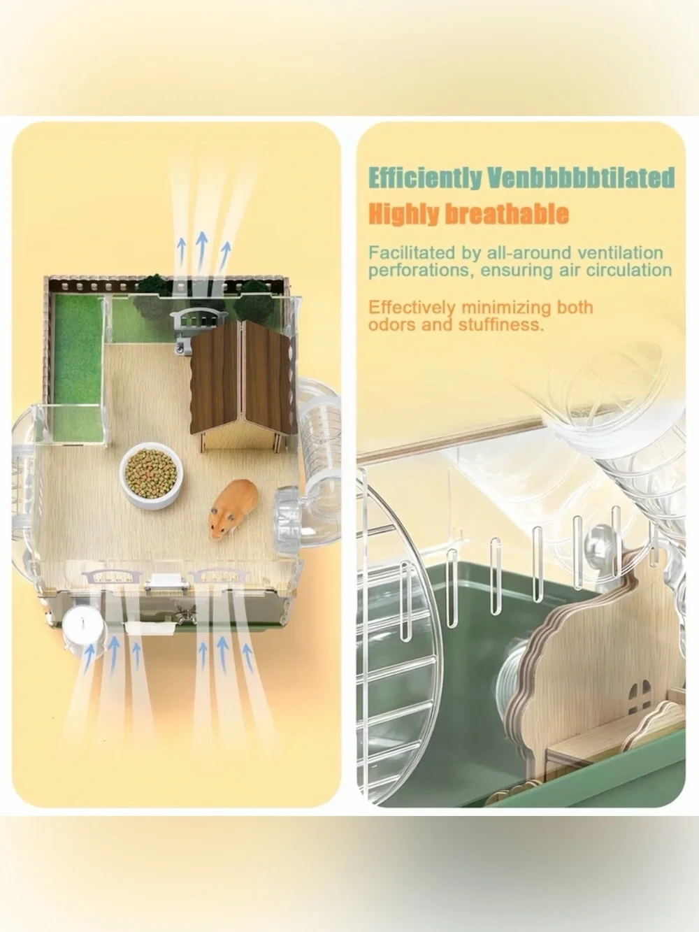 2-Level Hamster Cage with Clear Walls, Tunnels, Wheel & Accessories